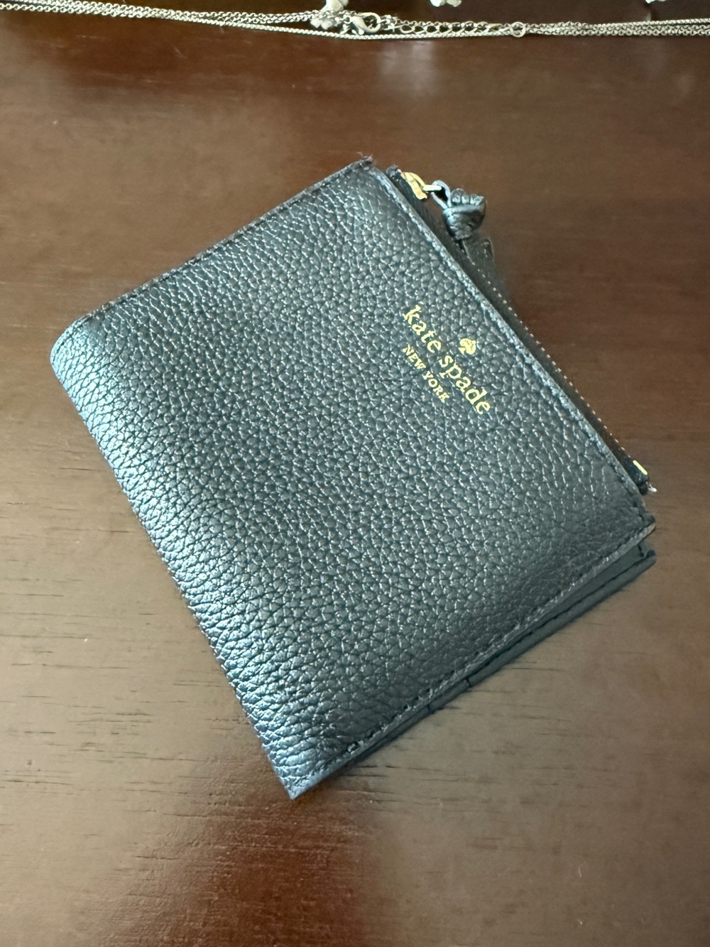 kate spade Black Pebbled Leather Zip Card Holder with Gold Logo